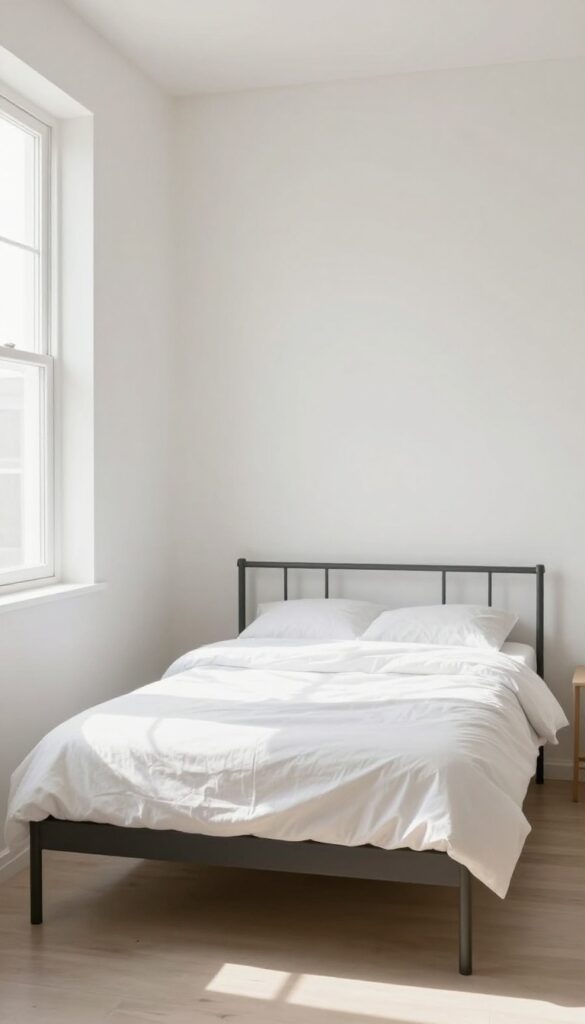 Minimalist metal frame double deck bed in a small bright room with neutral bedding and natural light.