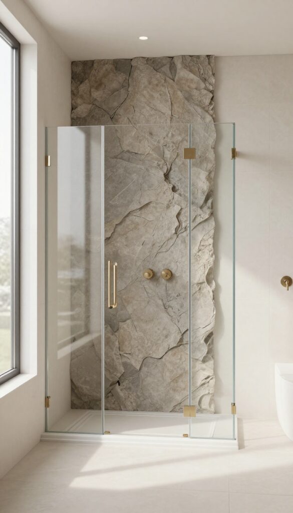 Modern walk-in shower featuring a textured stone accent wall on the back wall with neutral porcelain tiles and glass panel in bright natural light