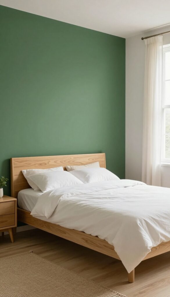 Bedroom with a matte forest green accent wall behind a wooden bed with crisp white bedding, bright natural light, and neutral surrounding walls