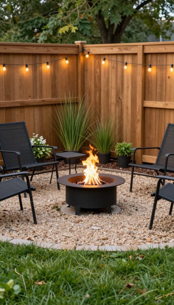 Cozy backyard fire pit corner with privacy screens, warm string lights, compact seating, and potted plants on a gravel and paver base