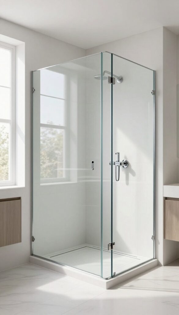 Bright modern bathroom with a curbless walk-in shower featuring large-format floor tiles, a linear drain, and a partial glass panel under natural light