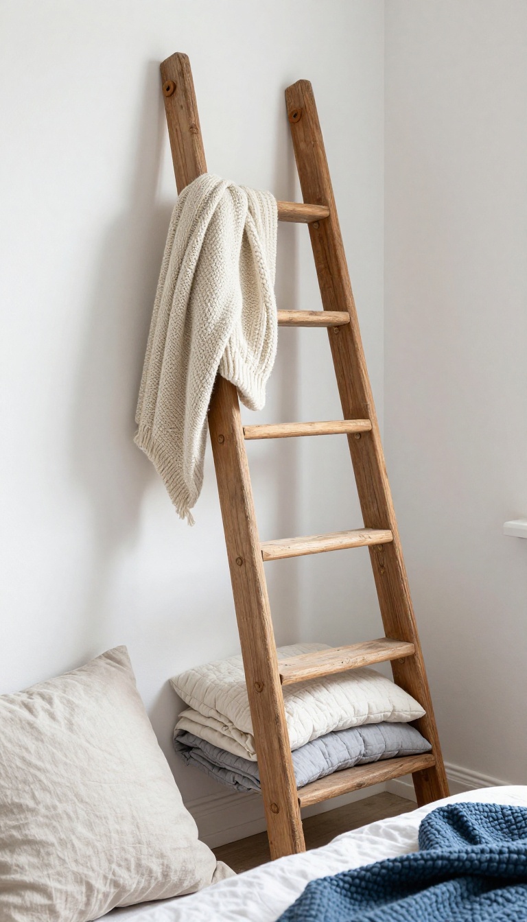 Vintage wooden ladder leaning against a bright bedroom wall with cream, gray, and blue quilts draped over the rungs for cozy budget decor