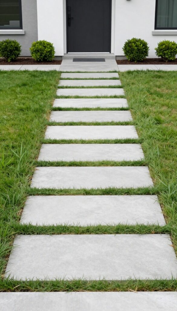 Modern front yard walkway with large evenly spaced concrete slabs and grass growing between them leading to a contemporary home entrance