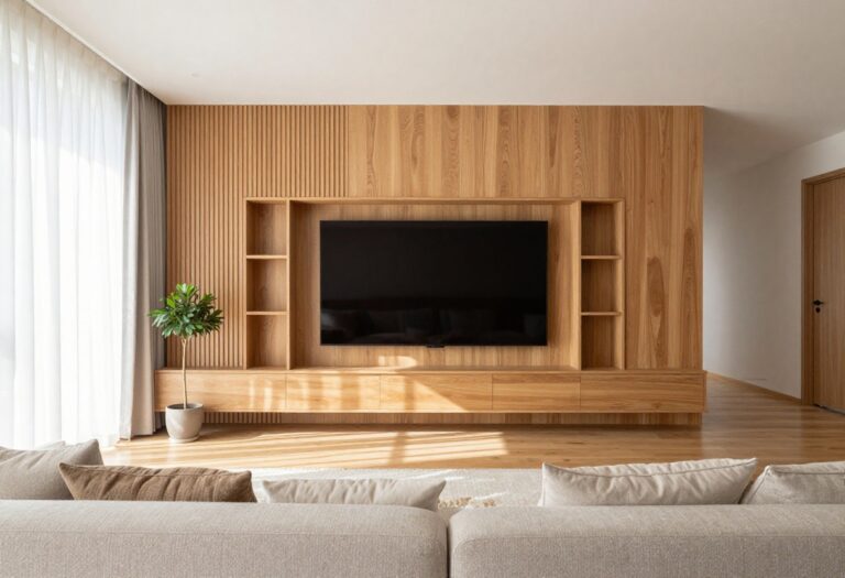 Modern living room with a large TV mounted on a wood slat accent wall with built-in storage and bright natural light