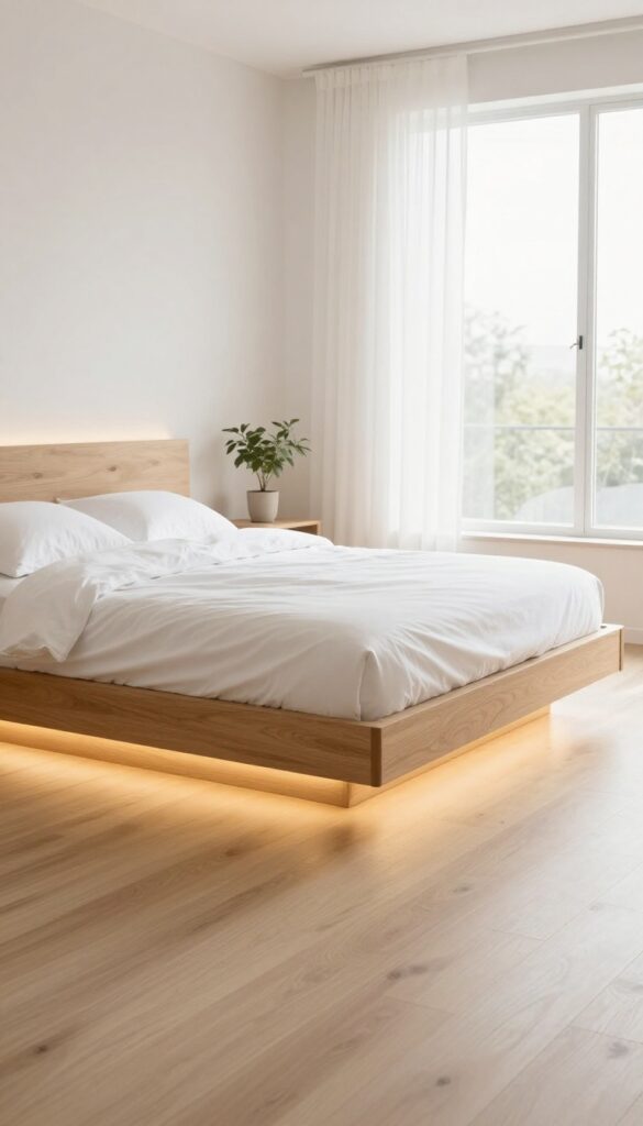 Modern bedroom with a floating wood bed frame hovering above the floor, soft LED underglow, white bedding, and bright natural light.