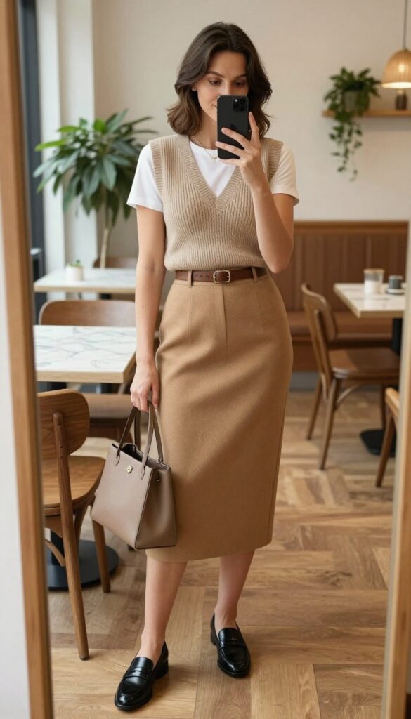 Woman in oatmeal knit vest and camel straight skirt with loafers, taking a mirror selfie in a bright coffee shop, old money style.