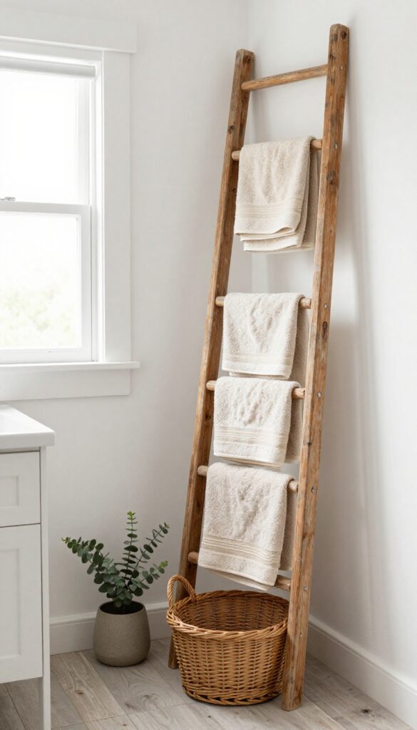 Rustic wooden ladder towel rack leaning against a bright bathroom wall with folded towels and a woven basket on the bottom rung