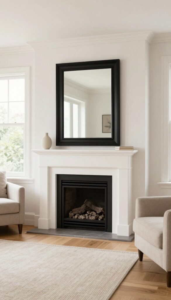 Small living room with a fireplace and a large chunky black-framed mirror above the mantel reflecting natural light, making the space feel bigger and brighter.