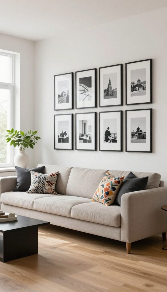 Modern minimalist living room with a curated black and white photo gallery wall in matching black frames above a neutral sofa with colorful textured pillows