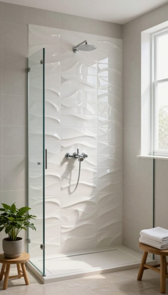Bright modern bathroom shower featuring a white wave-textured accent tile wall contrasted with smooth gray tiles and glass shower panel