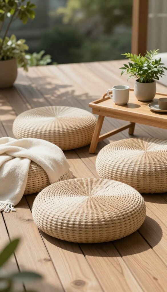 Small wooden deck with neutral woven outdoor poufs and floor cushions arranged for cozy flexible seating in bright natural light