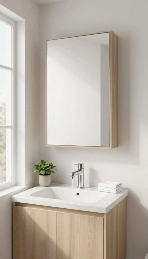 Bright modern small bathroom with a single floating vanity and wall-mounted faucet, leaving clear counter space and an open, uncluttered look.