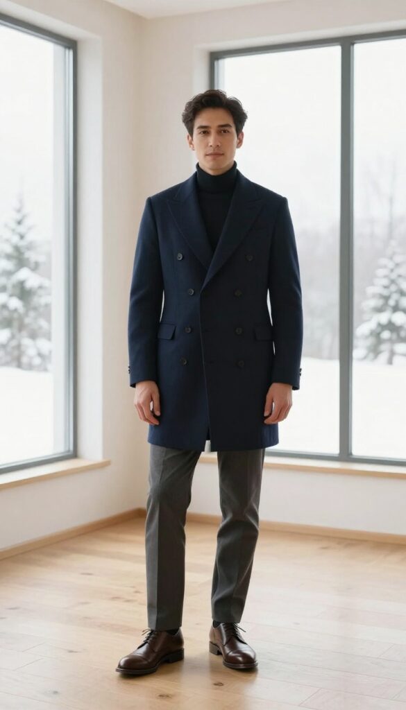 Man wearing a double-breasted navy blazer over a black turtleneck with dress trousers in a bright, minimal interior.