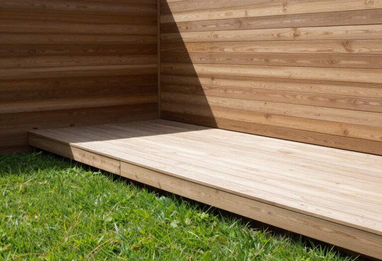 Finished backyard deck with horizontal wood slat skirting in bright natural light