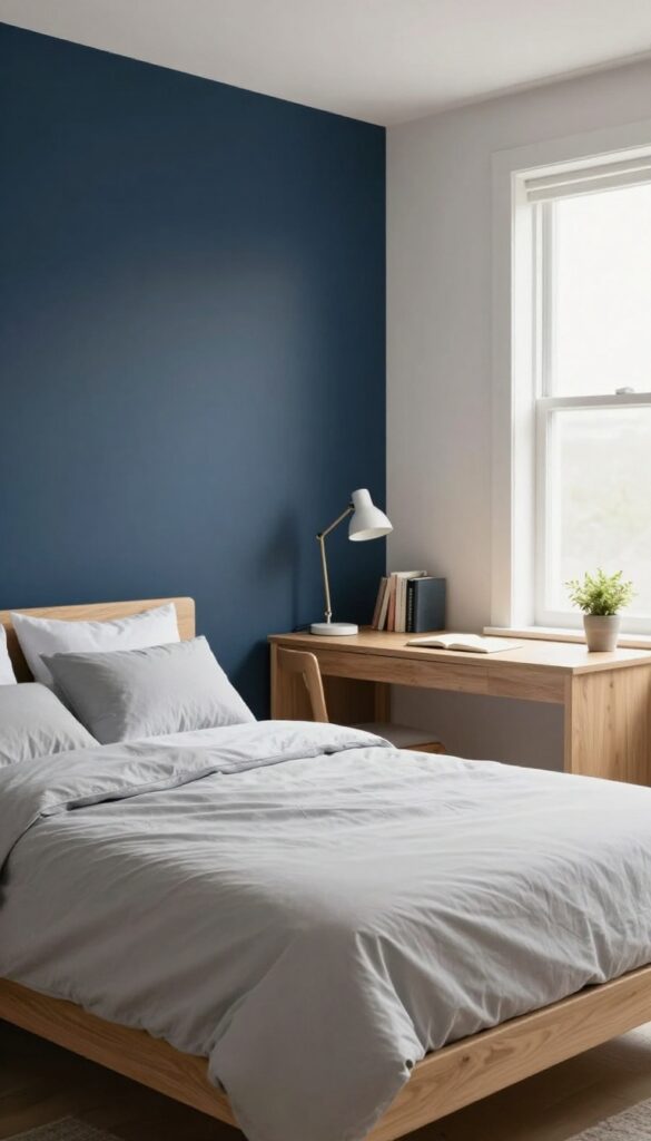 Teenage boy's bedroom with a bold deep navy accent wall behind the bed, light bedding, wooden desk, and bright natural light