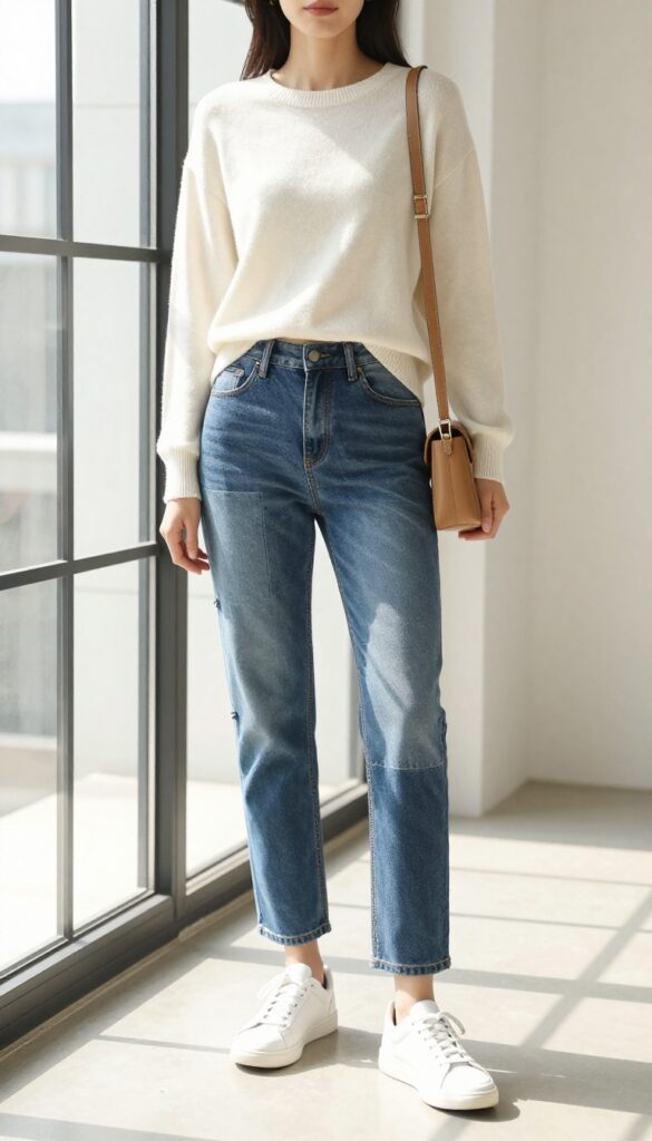 Woman in muted patchwork jeans and cream sweater in bright room