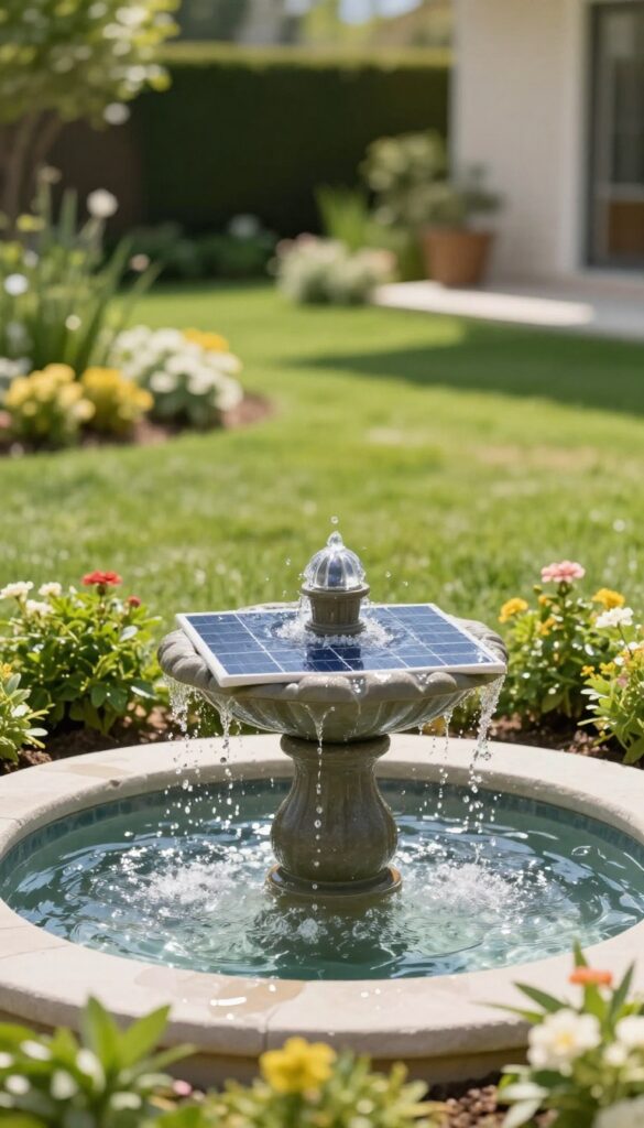 Solar-powered water fountain flowing in a sunny front yard surrounded by plants and lawn