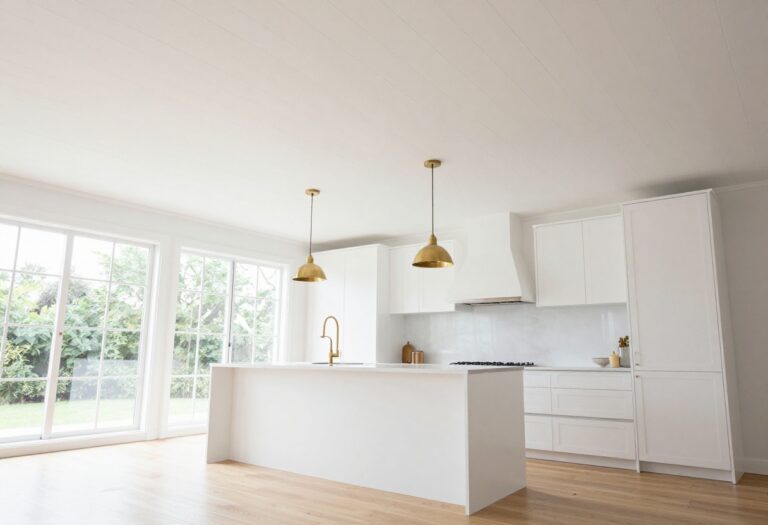 Bright modern kitchen with a white shiplap plank ceiling and warm brass pendant lights in natural daylight