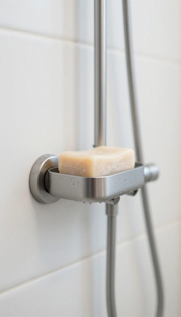 A small round magnetic holder attached to a metal shower rail holding a bar of soap in a bright, clean shower with stainless steel fixtures.