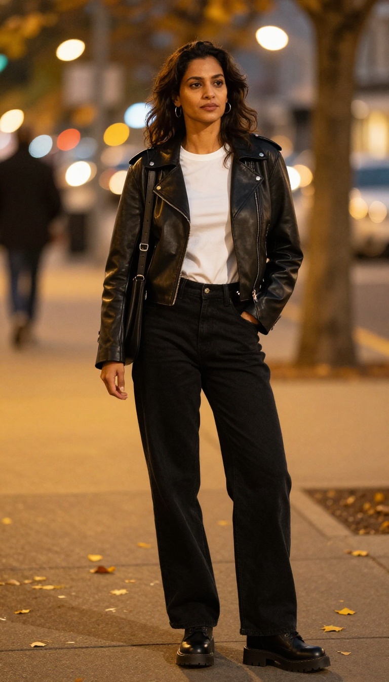 5. Leather Moto Jacket with Black Baggy Jeans and White Tee