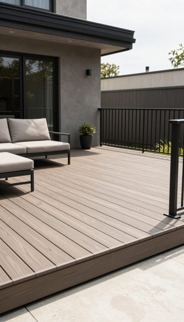 Modern two-tone composite deck with dark border boards framing lighter gray decking, black railing, and neutral outdoor furniture in bright natural light