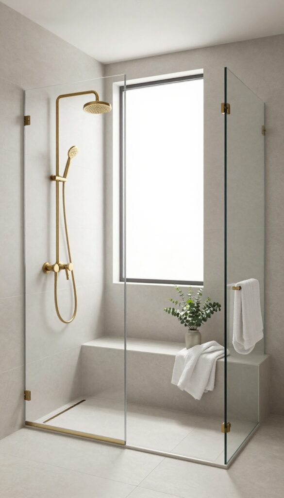 Modern tiled walk-in shower featuring a built-in corner bench seat with a towel and eucalyptus plant in bright natural light