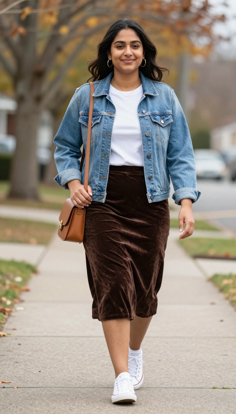 4. Brown Velvet Skirt with a Denim Jacket and White Sneakers