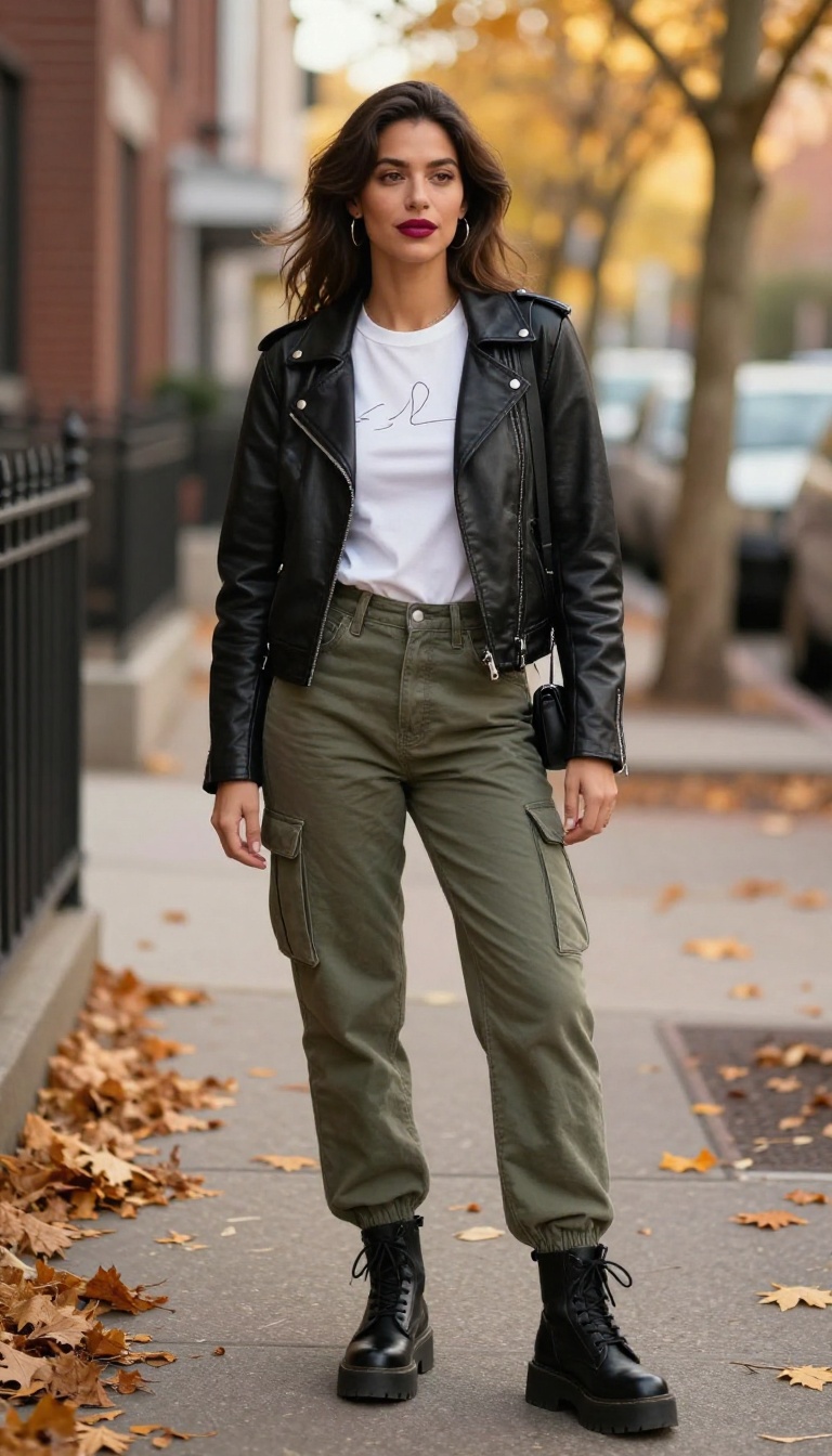11. Leather Jacket and Cargo Jeans