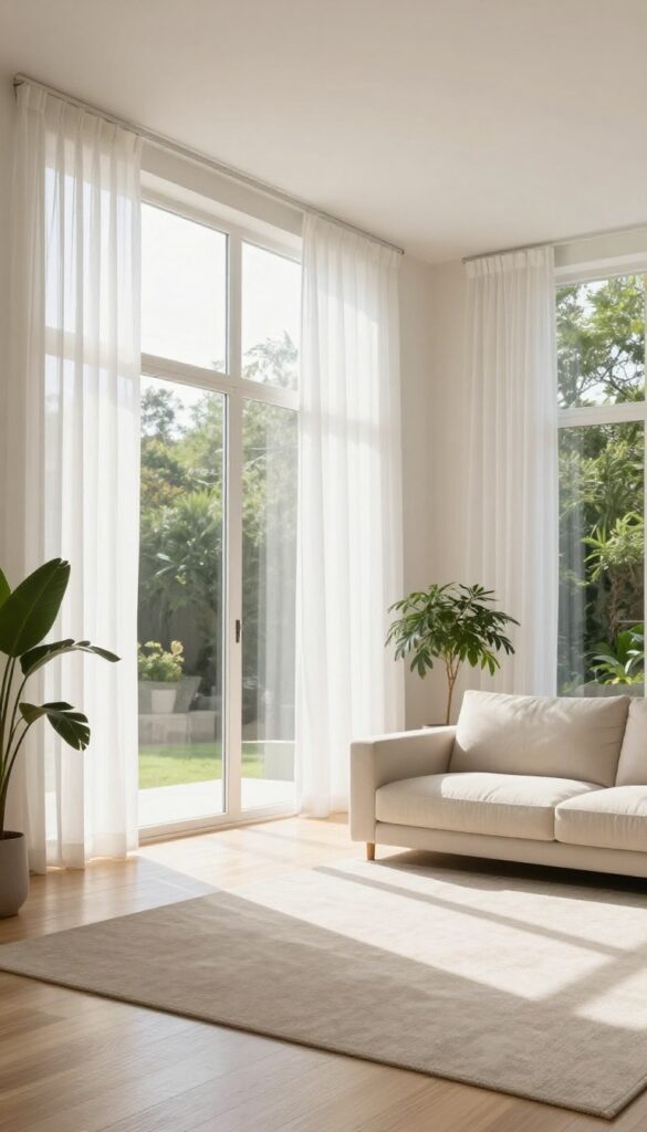 Bright airy living room with sheer curtains and a light sofa angled toward tall sunlit windows, clear open space near the glass.