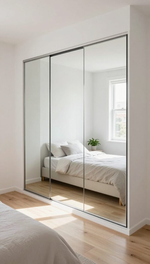 Modern small bedroom with mirrored sliding wardrobe panels reflecting natural light and expanding the sense of space