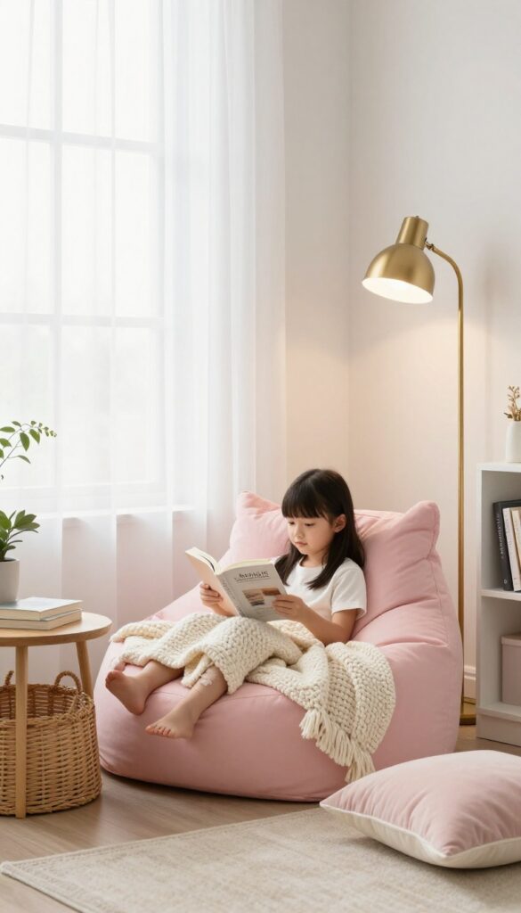 Cozy teen girl bedroom reading nook with a blush pink bean bag chair, soft throw blanket, small side table with books, and warm floor lamp beside a bright window