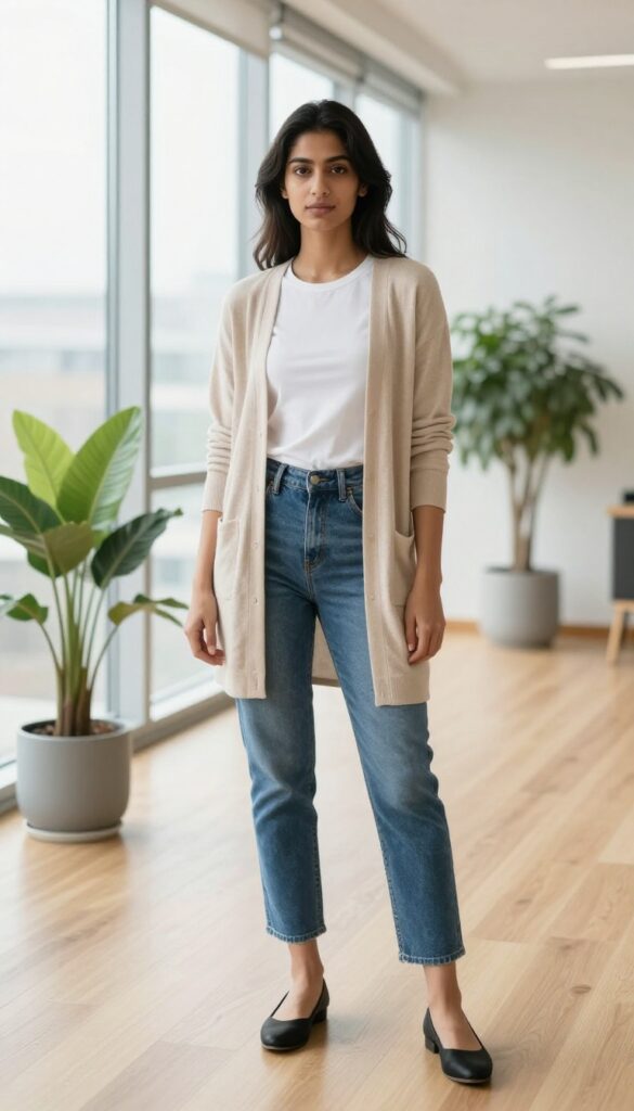 Woman in cropped jeans, a longline beige cardigan, and simple top standing in a bright office hallway.