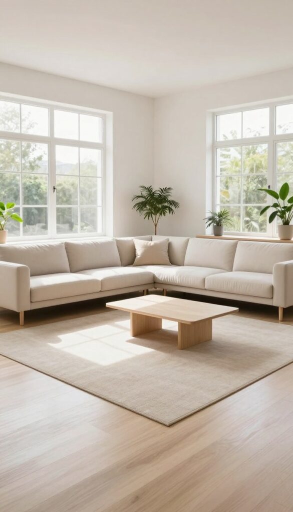 Bright modern small living room with an open uncluttered floor, a light sofa, a low coffee table, wall-mounted shelves, and a neutral area rug in natural daylight