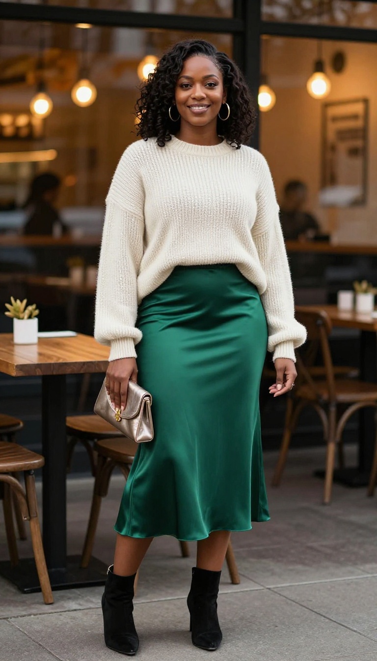 1. Satin Midi Skirt with a Chunky Knit Sweater