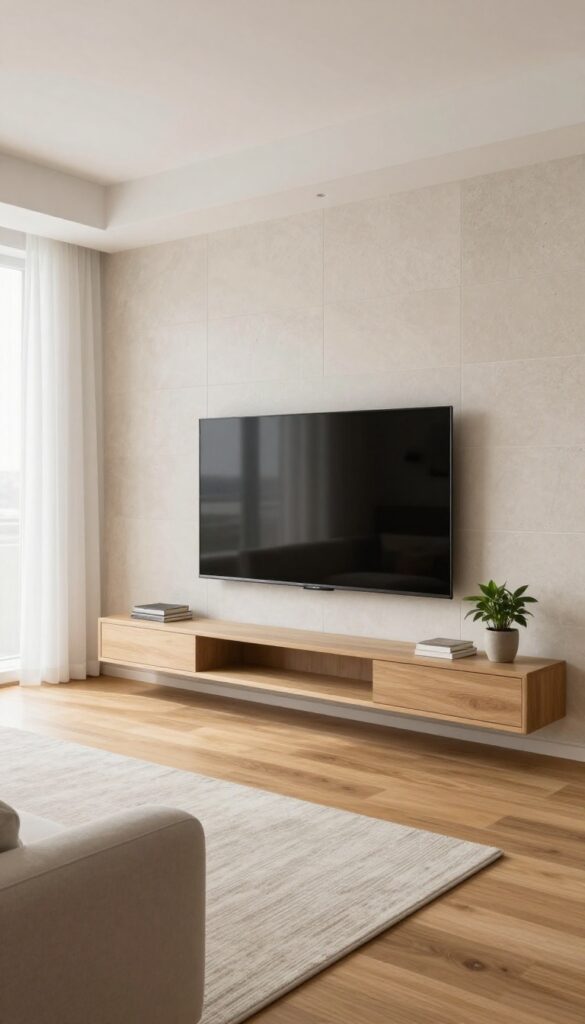 Modern living room with a flat-screen TV framed by a slim border of gray stone veneer tiles on a light neutral wall, with wood floors and bright natural light.