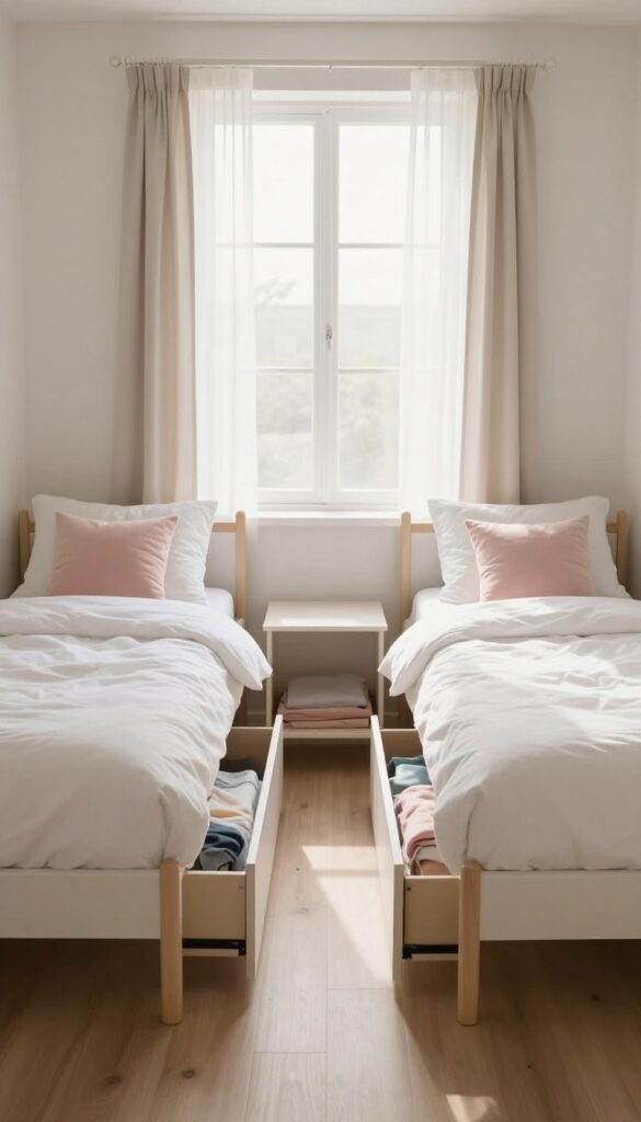 Two matching twin beds with built-in under-bed storage drawers in a bright, small shared bedroom for two sisters, styled with white bedding and natural light.