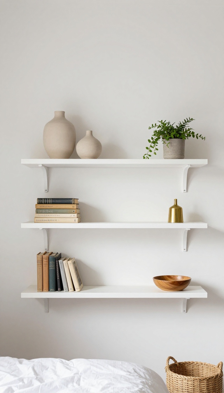 Bright bedroom wall with three floating shelves styled with thrifted books, ceramic vases, and small plants in odd-numbered groupings