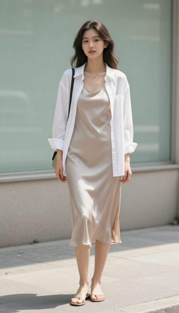 Woman wearing a satin slip dress layered with an open oversized white button-down shirt, flat sandals, shoulder bag, and loose hair, standing outdoors in bright natural light for an elegant casual outfit idea.