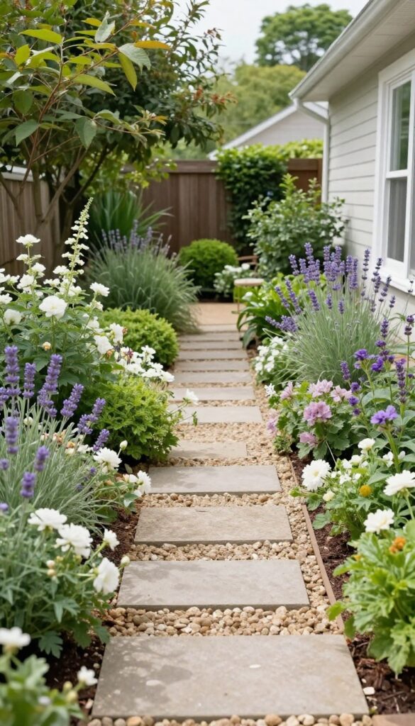A small front yard patio with gravel and pavers nestled between layered flower beds and low shrubs, framed by greenery under bright natural light.