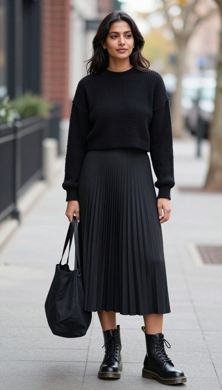 6. Black Pleated Midi with a Cropped Sweater and Doc Martens