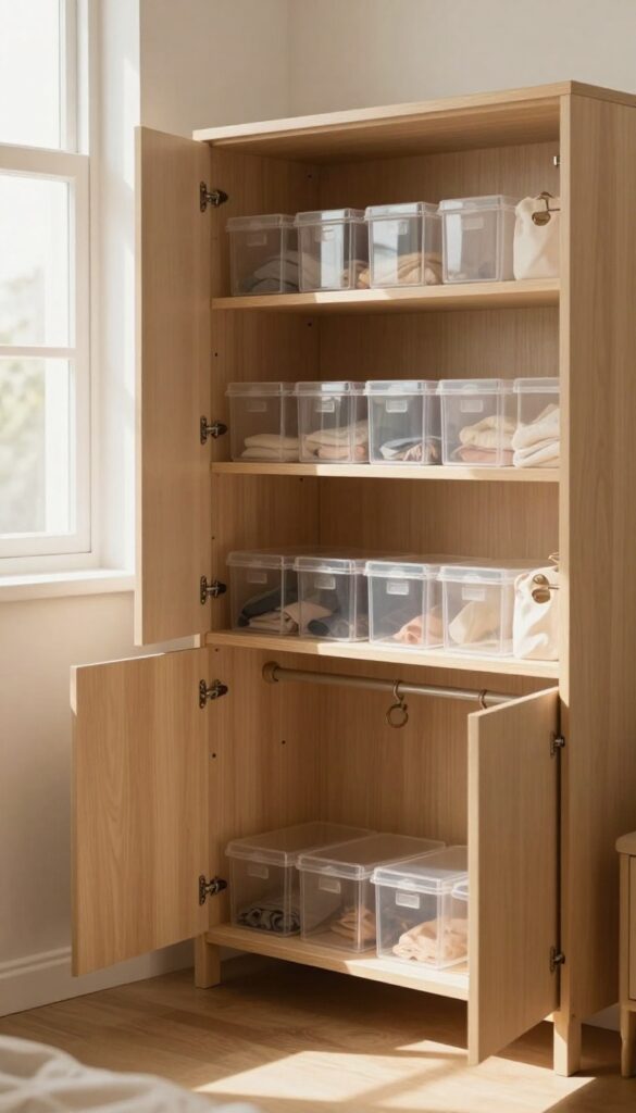 Open small bedroom cupboard with matching storage boxes with clear lids on upper shelves and neatly spaced current-season clothes on the rail below, lit by bright natural light.