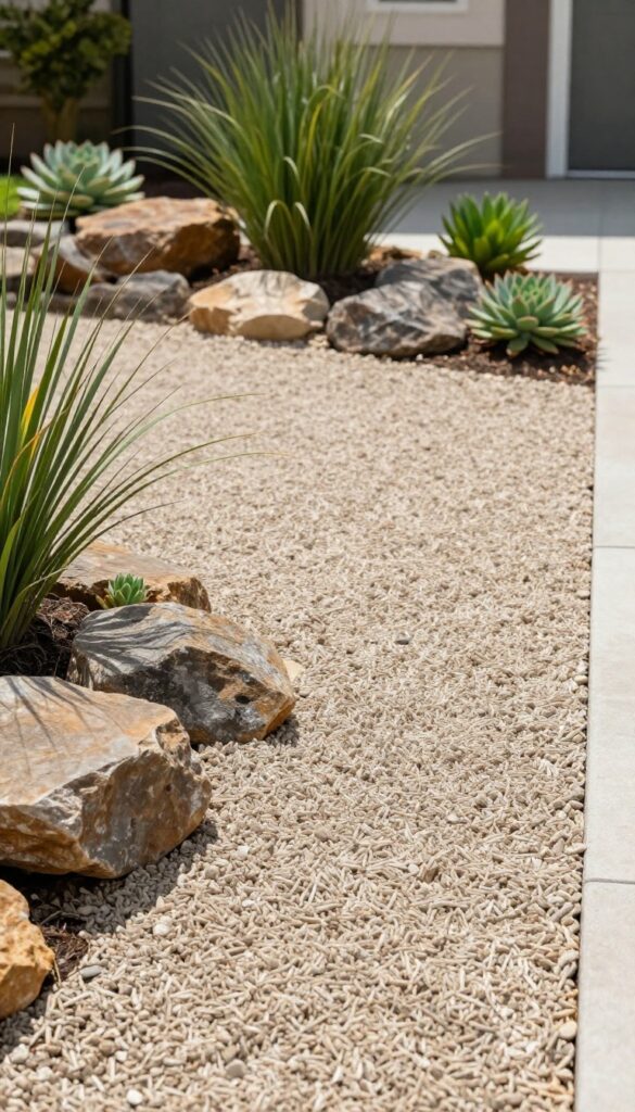 Front yard with a decorative gravel area bordered by drought-tolerant plants in bright natural light