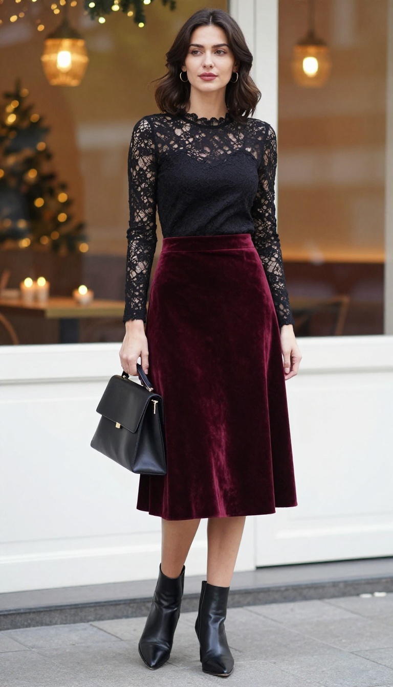 11. Velvet Skirt with a Lace Top for Evening