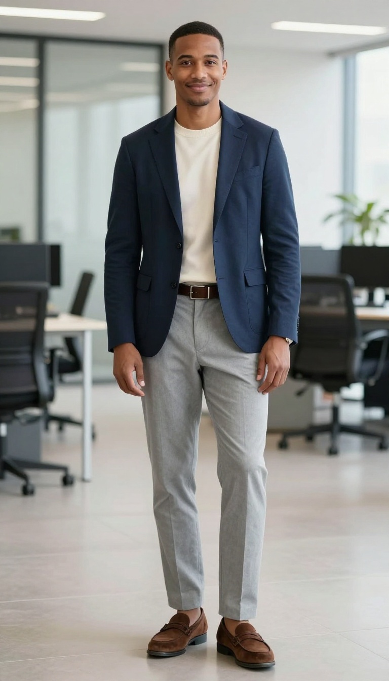 1. Navy Blazer with Cream Knit and Grey Trousers