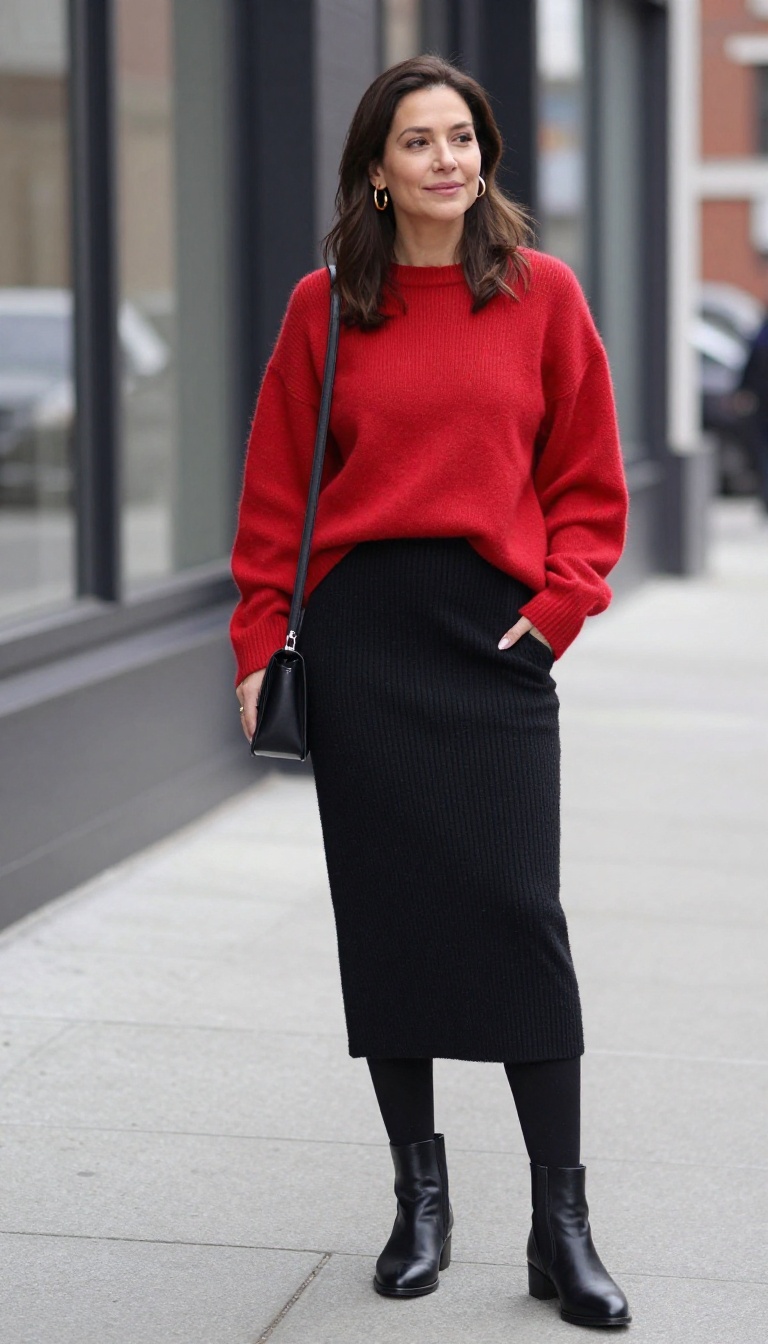 3. Black Knit Midi Skirt with Red Sweater and Ankle Boots