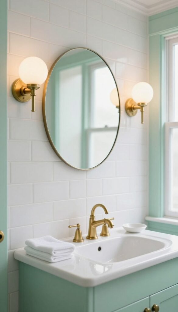 Retro bathroom vanity with vintage milk glass globe sconces on both sides of a round mirror, warm soft lighting, brass faucet, and mint green walls in bright natural daylight