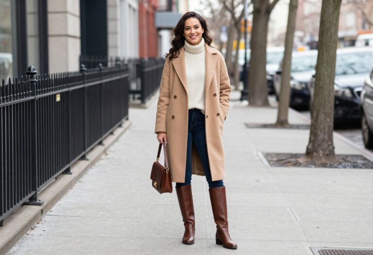 Woman wearing skinny jeans, tall brown leather boots, cream sweater, and camel coat standing on a snowy sidewalk.