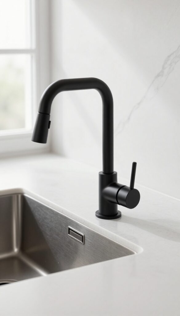Close-up of a sleek matte black modern kitchen faucet on a white quartz countertop with a marble backsplash in bright natural light.