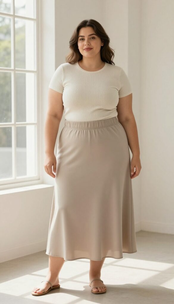 Plus-size woman wearing a flowing high-waisted midi skirt with a fitted tucked-in tee and flat sandals, standing in bright natural light