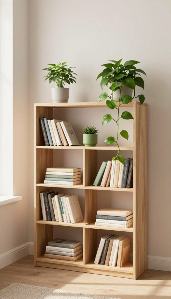 Bright living room bookcase styled with books and small trailing green plants on the shelves, with natural light and a clean, cozy look.